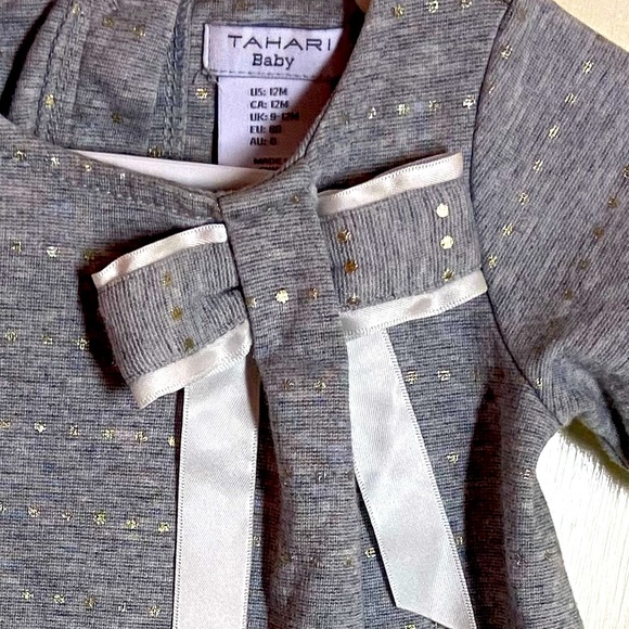 Tahari Baby Dress/Top Gray With Small Gold Dots & White Bow Size 12M - Picture 3 of 4